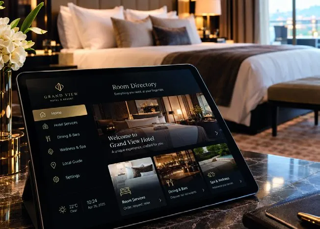 Tablette de chambre d'hôtel affichant le room directory