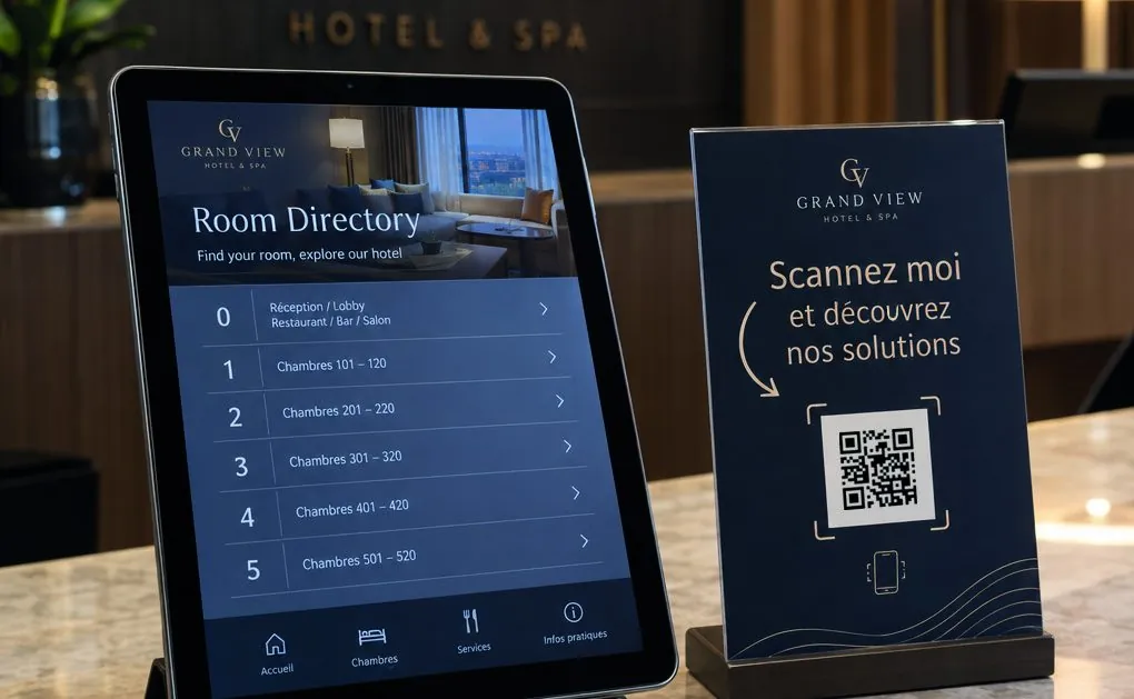 Room directory MXTV sur tablette et chevalet QR code à l'accueil