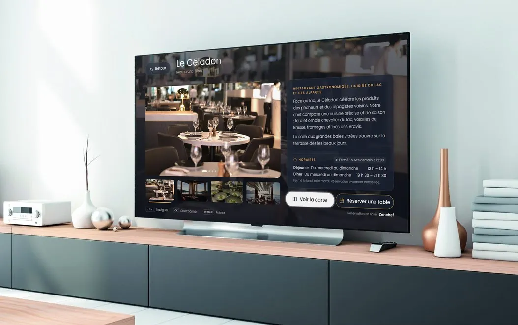 TV de chambre affichant l'interface MXTV Hotel
