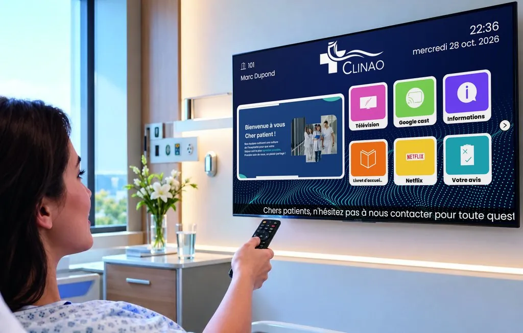 Patiente utilisant la TV interactive MXTV Healthcare dans sa chambre