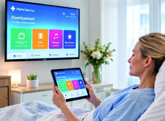 Patiente utilisant une tablette MXTV Healthcare dans son lit